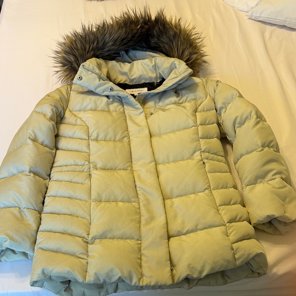 Calvin Klein Tan Puffer Jacket with Faux Fur Trim
